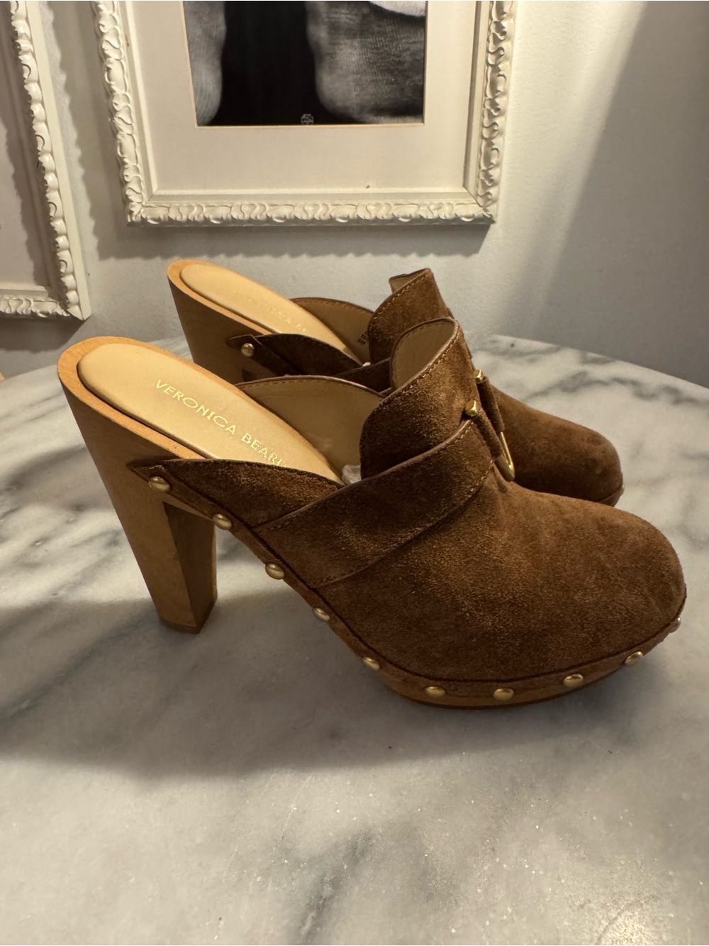 Brown Suede Studded High-Heel Mules